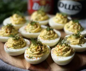 Delicious Dill Pickle Deviled Eggs garnished with fresh herbs on a plate