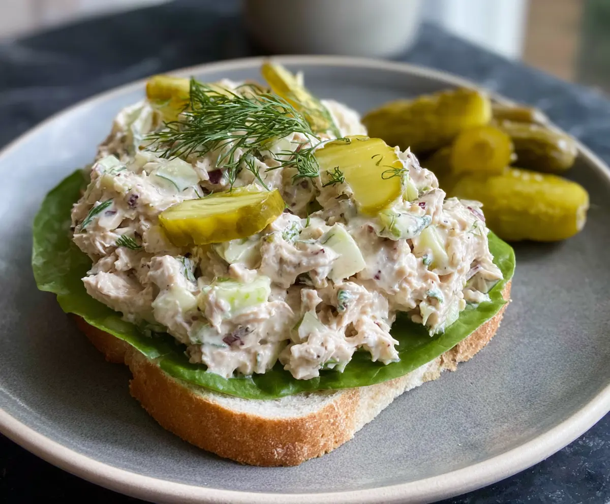 Creamy Dill Pickle Tuna Salad with fresh herbs and crunchy pickles in a bowl.