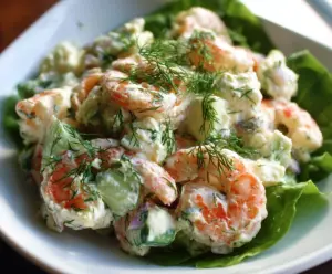 Fresh dill shrimp salad served in a bowl, showcasing vibrant shrimp and herbs for a delicious seafood dish.