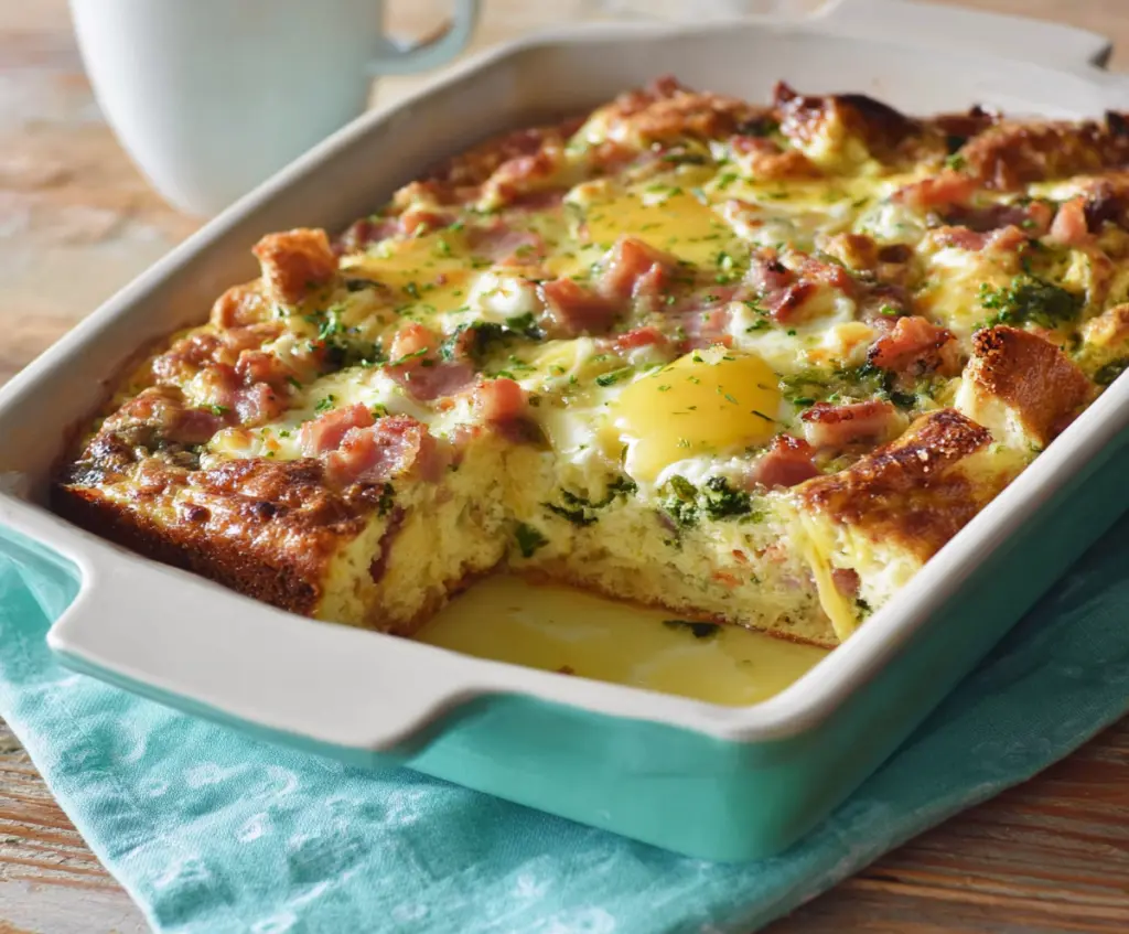 Easter Breakfast Casserole with eggs, cheese, and vegetables in a baked dish for holiday brunch.