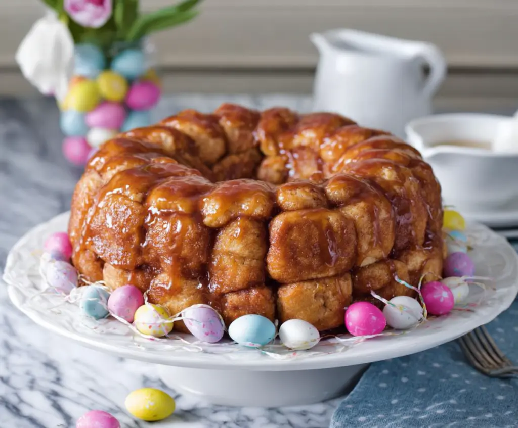 Delicious Easter Brunch Monkey Bread topped with powdered sugar on a festive plate.