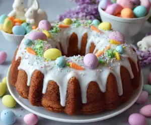 Delicious Easter Bundt Cake decorated with colorful icing and sprinkles