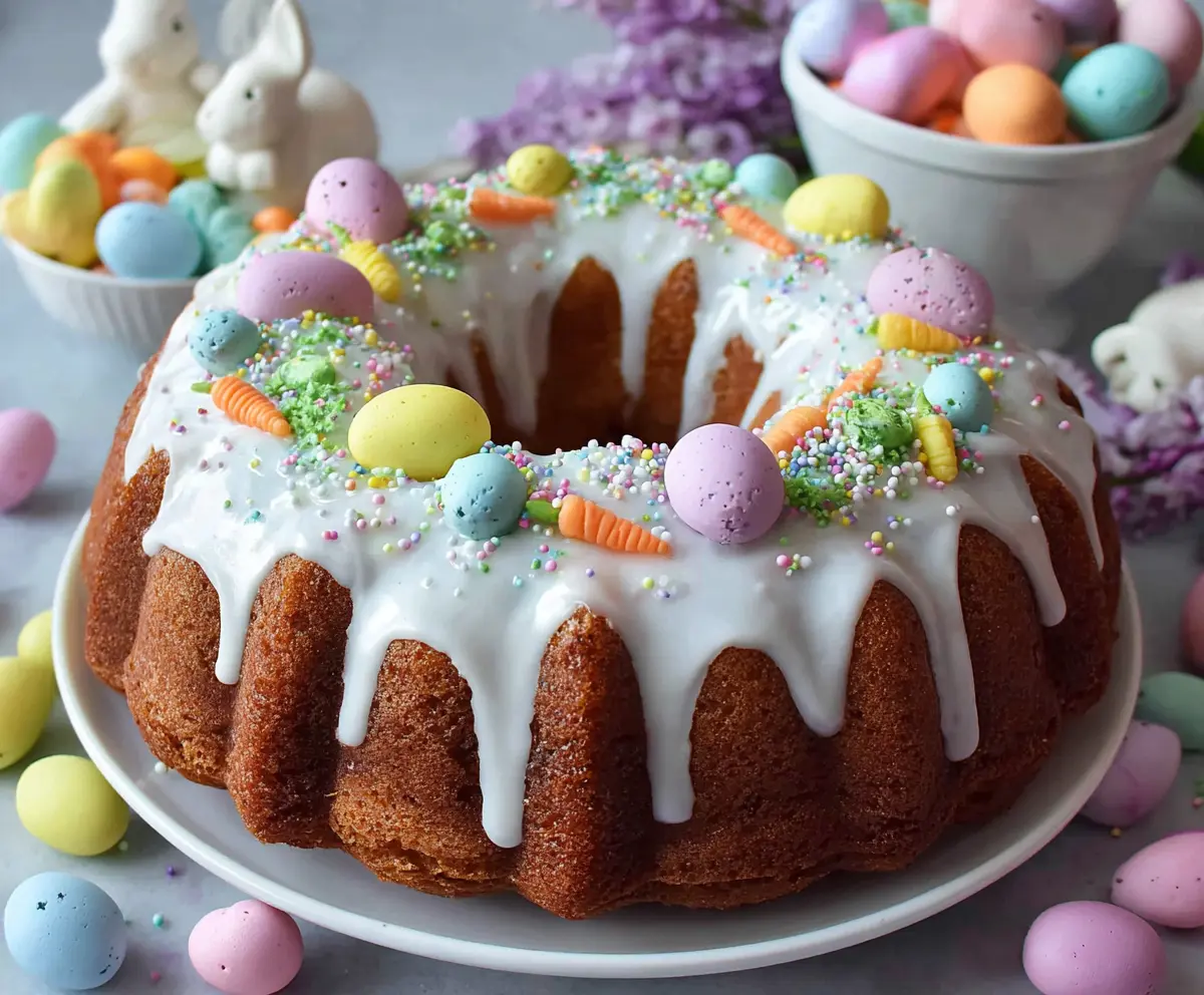 Delicious Easter Bundt Cake decorated with colorful icing and sprinkles