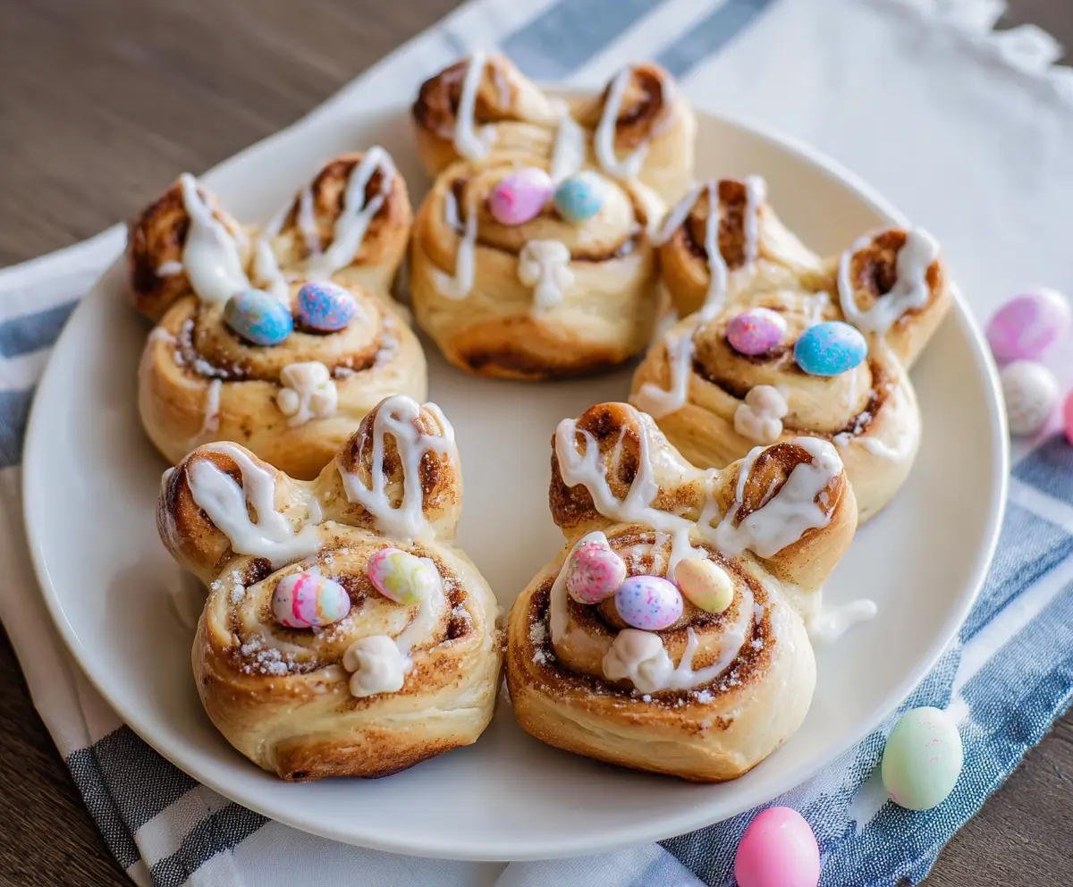 Easter Bunny Cinnamon Rolls decorated with colorful icing and sprinkles for Easter celebration