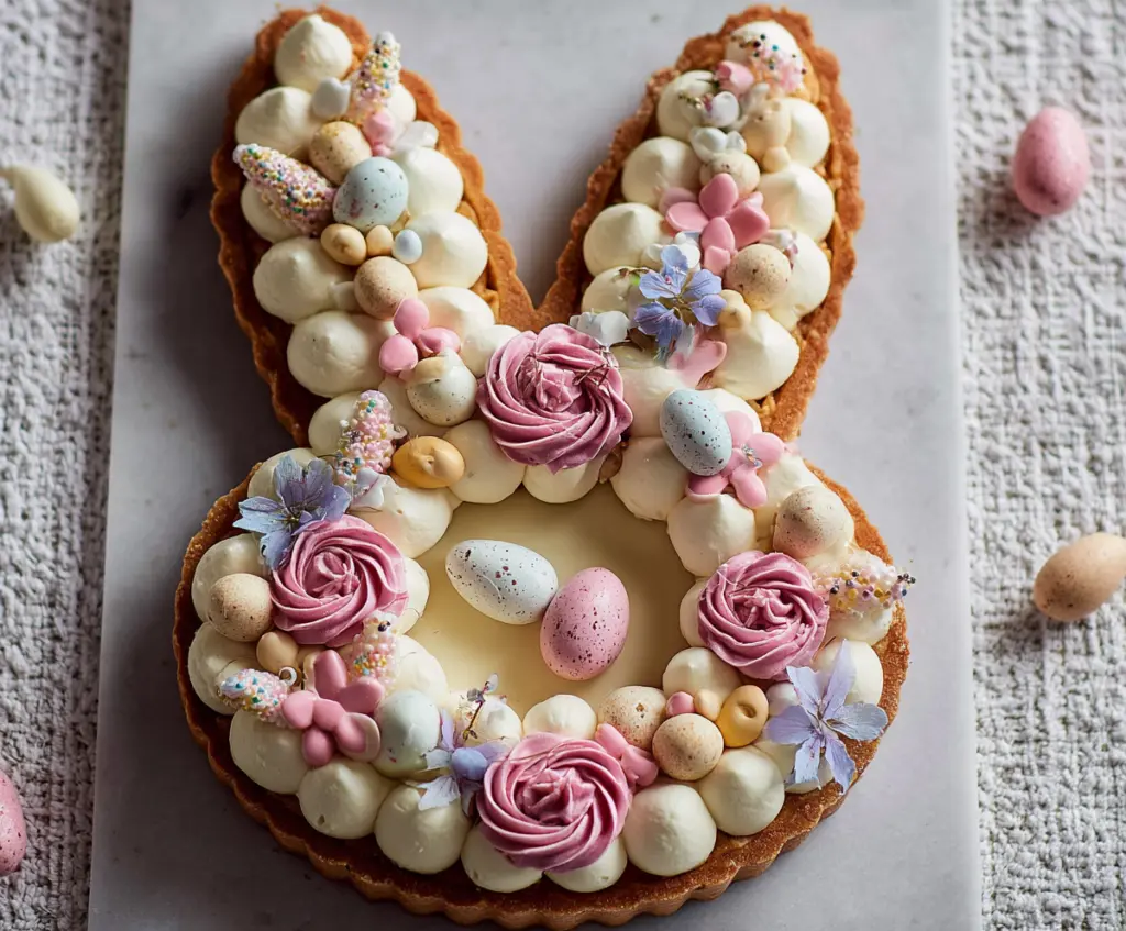Delicious Easter Bunny Cream Tart with pastel colors and festive decoration for spring celebrations