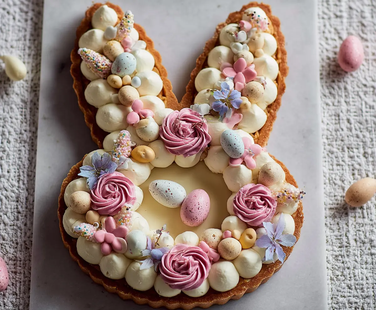 Delicious Easter Bunny Cream Tart with pastel colors and festive decoration for spring celebrations