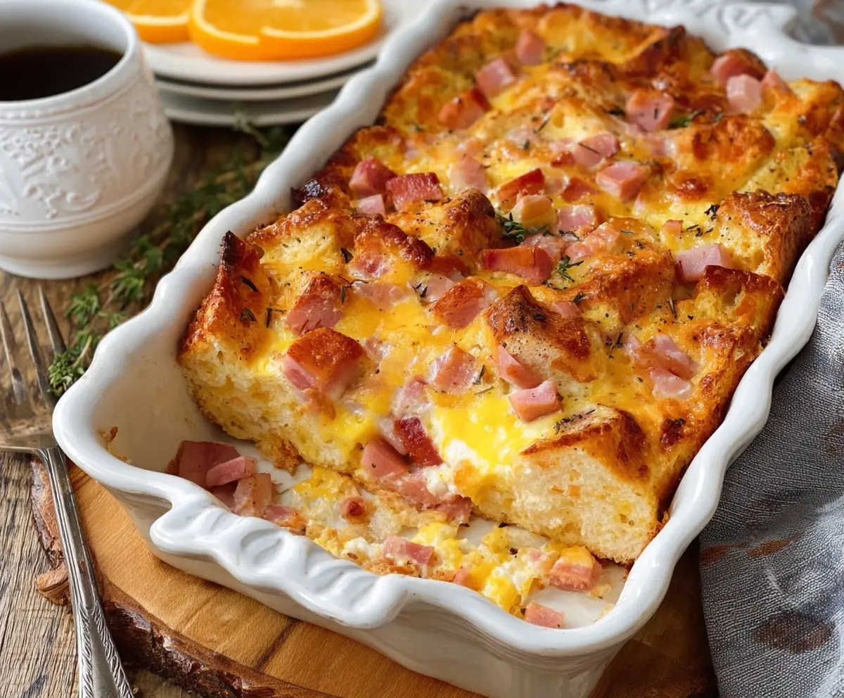 Delicious Easter Cheesy Ham and Egg Casserole topped with melted cheese and fresh herbs