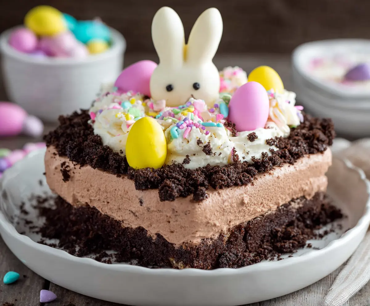 Easter Dirt Cake in a glass trifle bowl with colorful sprinkles and gummy candies for festive celebration