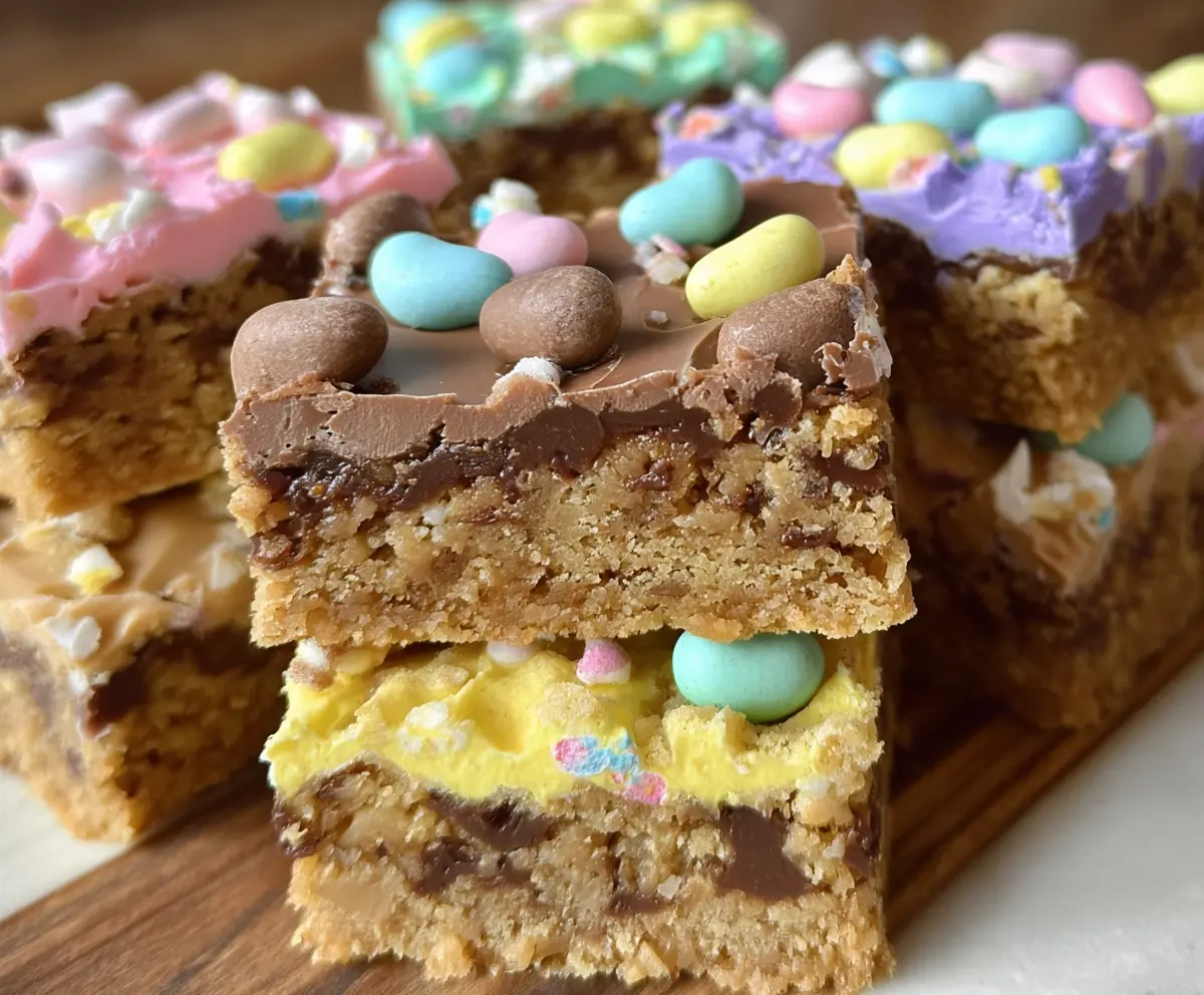 Delicious Easter Goody Bars with colorful sprinkles and chocolate drizzle on a festive plate