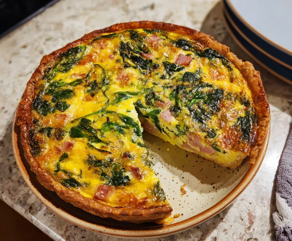 Delicious Easter ham and spinach quiche sliced on a plate, showcasing a golden crust and fresh ingredients.