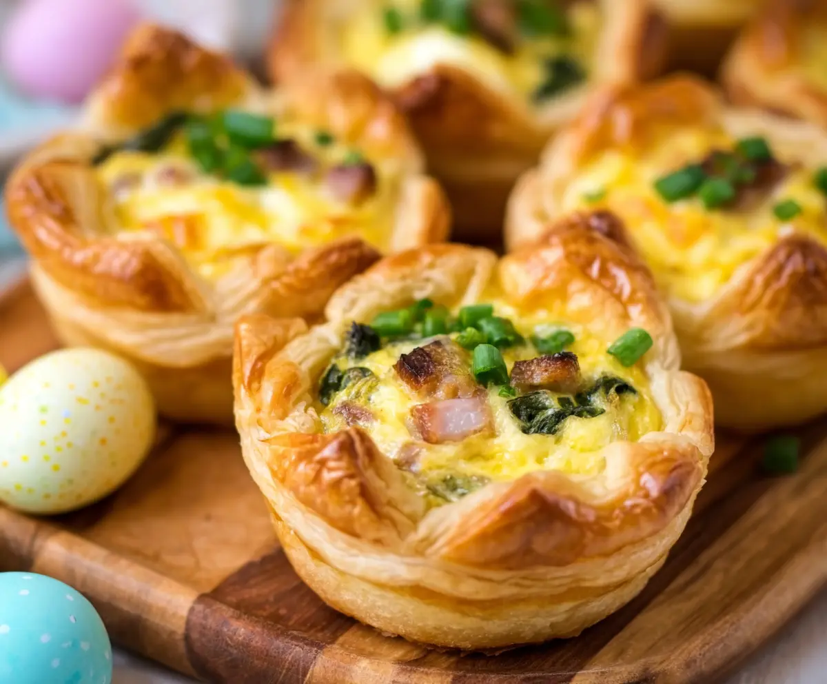 Delicious Easter Puff Pastry Quiche Cups filled with cheese, ham, and vegetables, served as festive brunch starters.