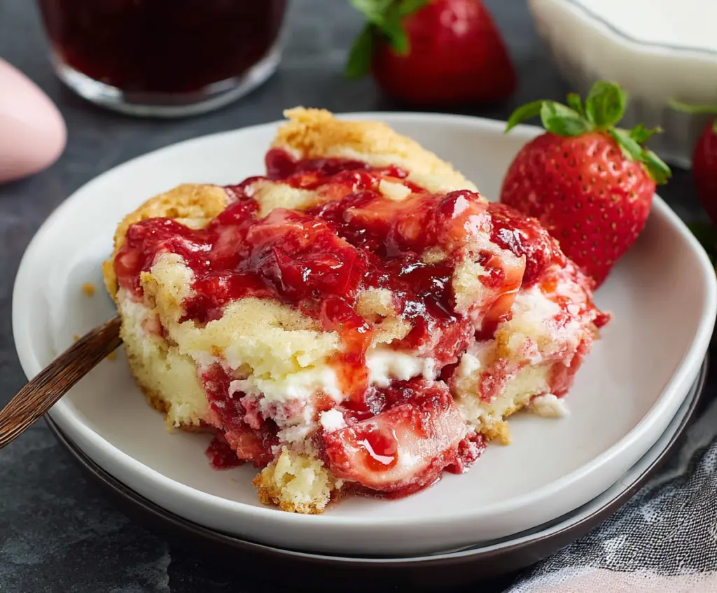 Delicious Easter Strawberry Cheesecake Dump Cake topped with fresh strawberries and cream.