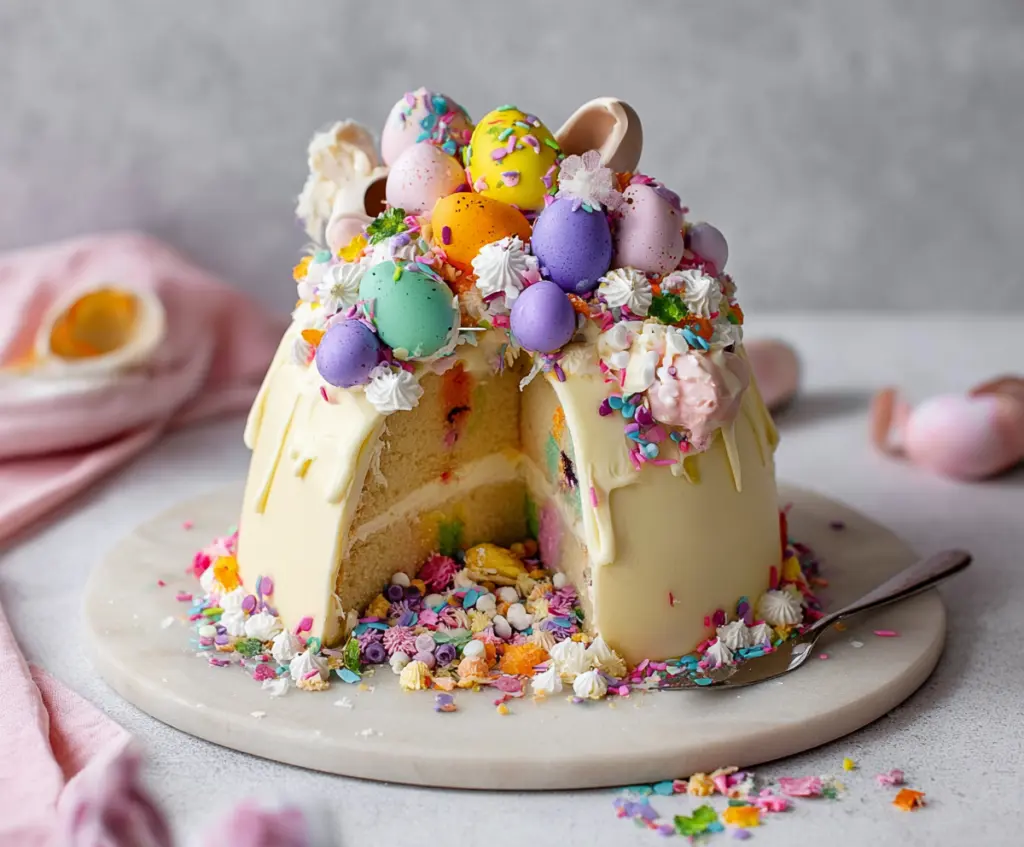 Delicious Epic Easter Egg Smash Cake with colorful frosting and vibrant decorations for a festive celebration.