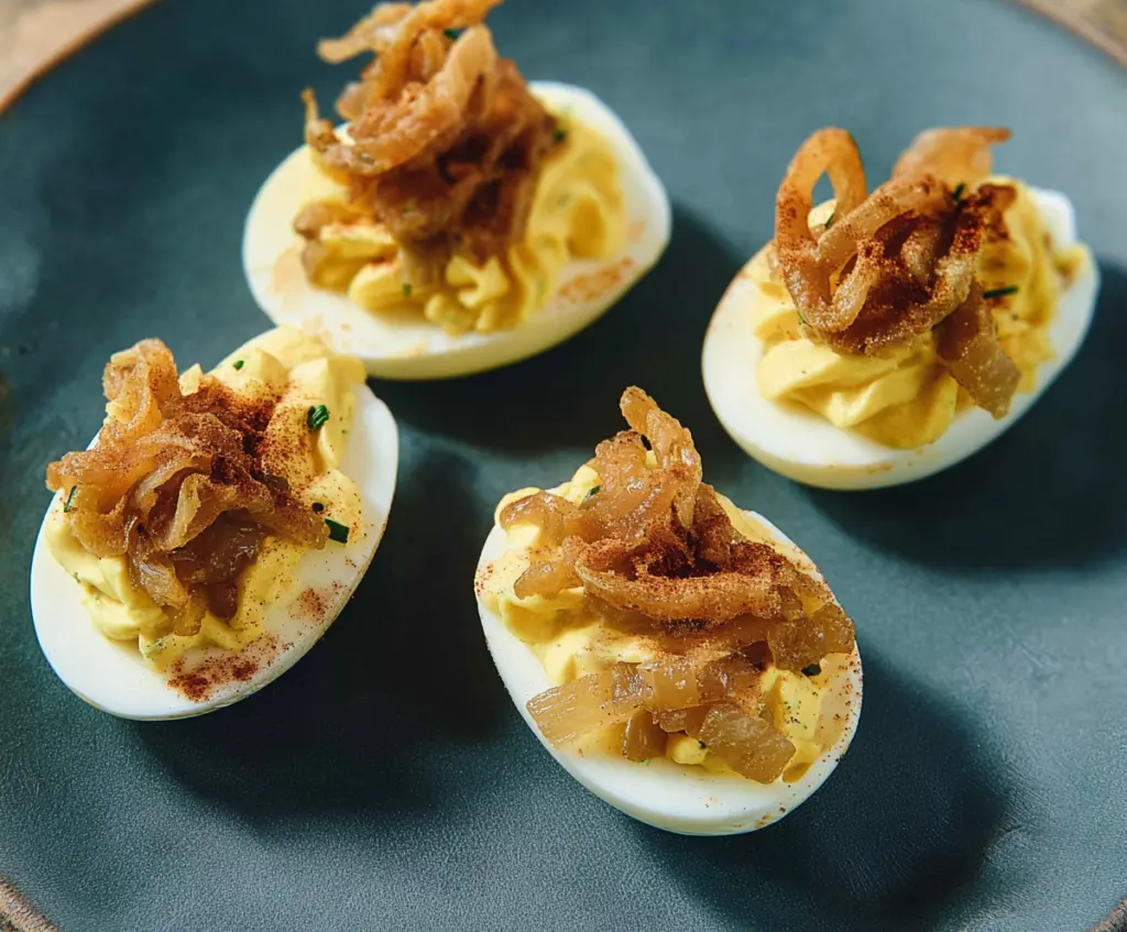 Delicious French Onion Deviled Eggs with caramelized onions and creamy filling on a white plate.