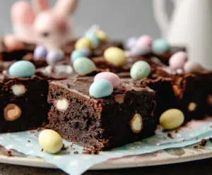 Delicious Frosted Mini Egg Easter Brownies topped with colorful mini eggs and chocolate frosting.