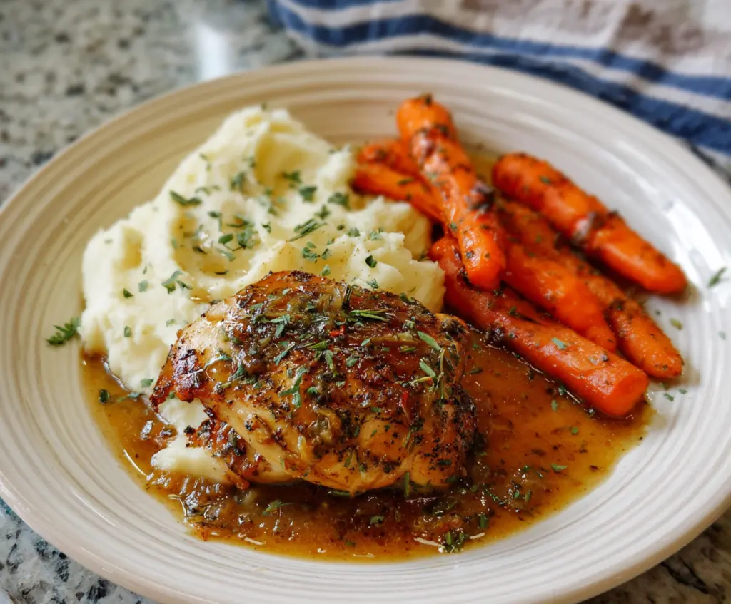 Delicious garlic herb chicken served with creamy mashed potatoes and glazed carrots on a dinner plate.