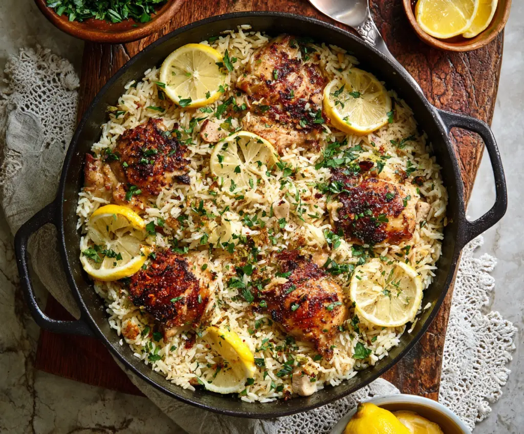 Delicious Greek Lemon Rice with Chicken served on a plate, garnished with fresh herbs