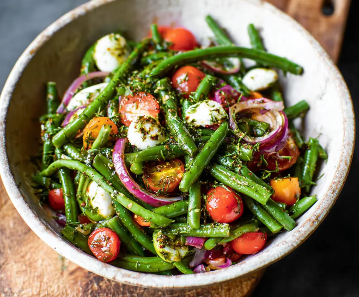 Fresh green bean salad with cherry tomatoes and vinaigrette, perfect for a healthy appetizer.