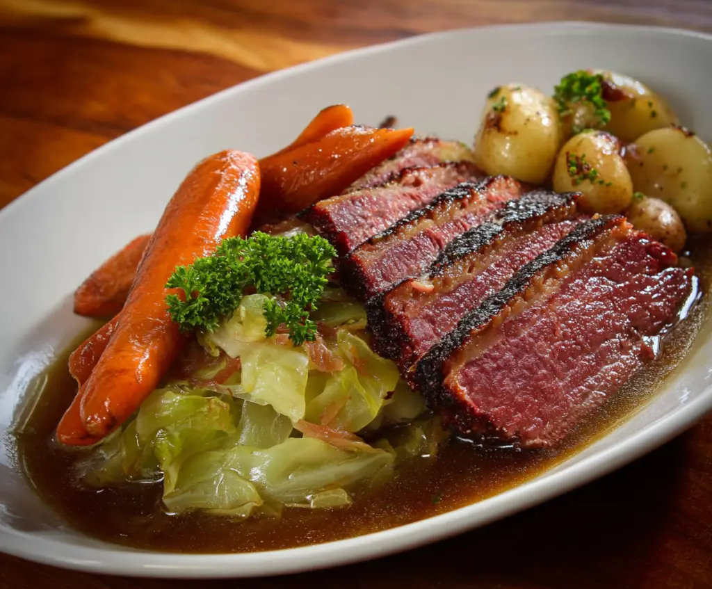 Delicious Guinness Braised Corned Beef and Cabbage served on a plate with fresh vegetables