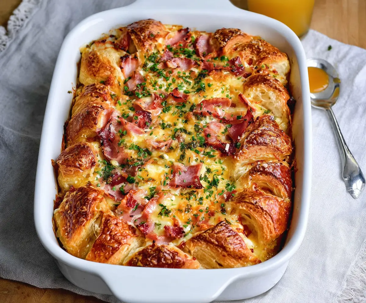 Delicious Ham and Cheese Croissant Brunch Bake served fresh with melted cheese and tender ham slices.