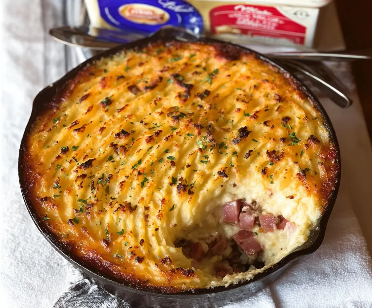 Delicious homemade Ham Shepherd's Pie with mashed potato topping and tender ham filling