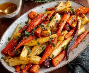 Honey Garlic Roasted Carrots and Parsnips served on a white plate with fresh herbs.