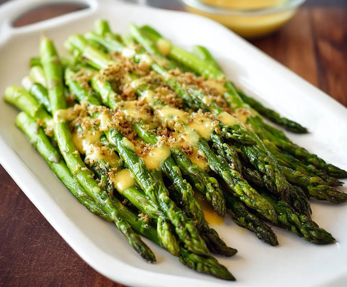 Delicious honey mustard glazed asparagus spears served on a white plate.