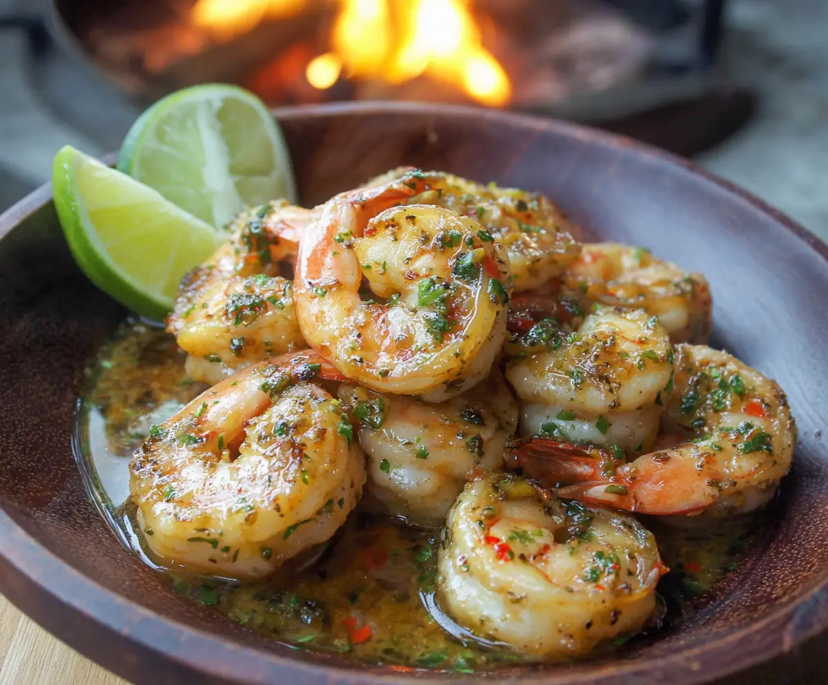 Delicious honey tequila lime shrimp served on a plate, garnished with fresh herbs for a flavorful seafood dish.