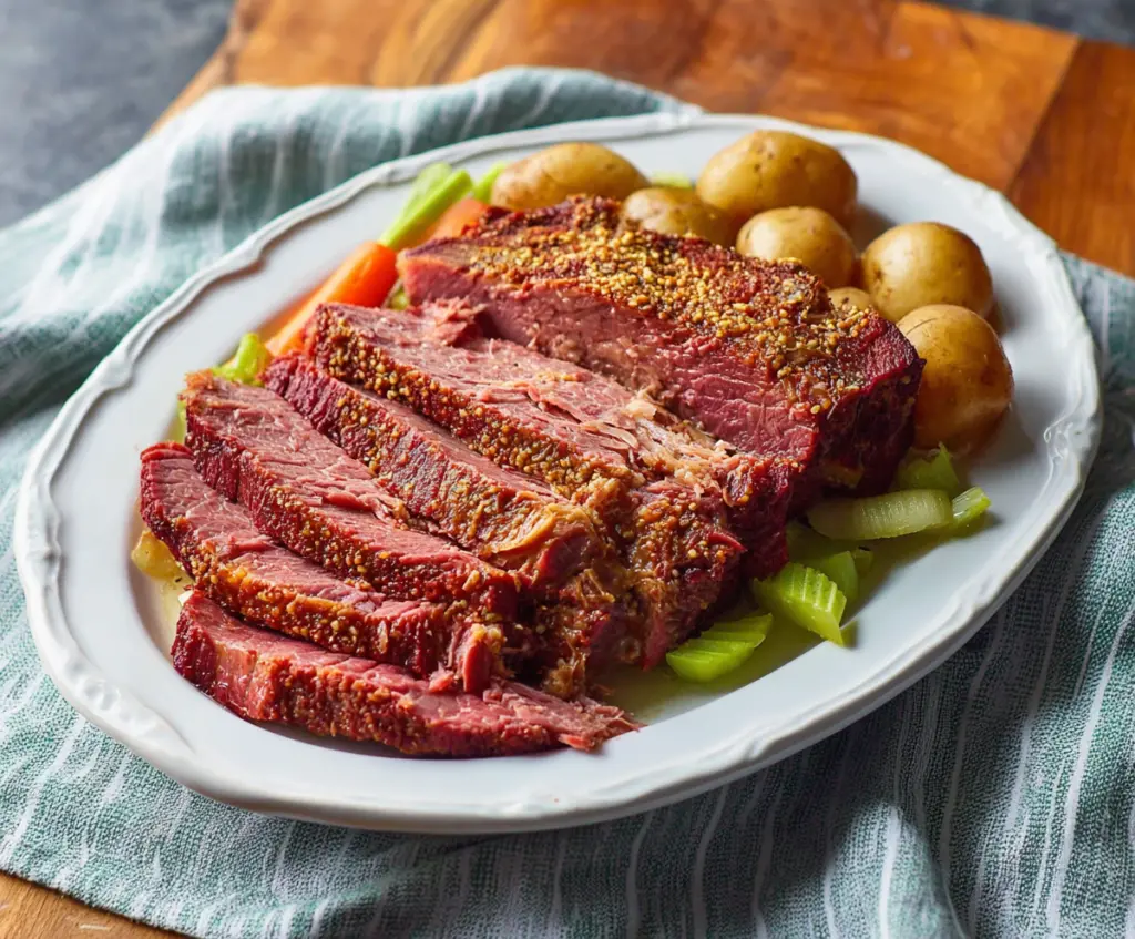 Delicious homemade Instant Pot corned beef brisket served with vegetables