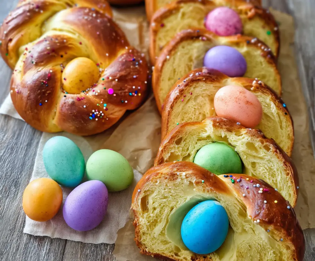 Delicious Italian Easter bread decorated with vibrant, colorful eggs for a festive celebration.