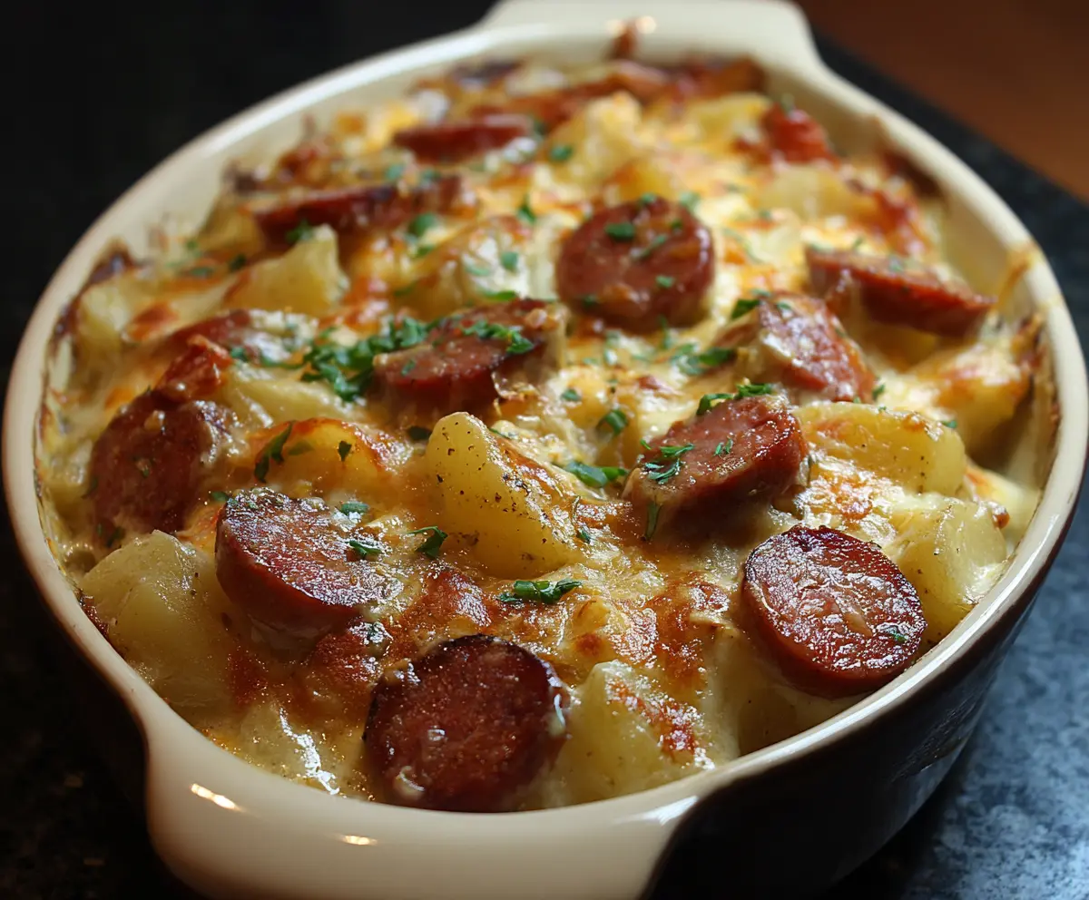 Delicious Kielbasa Sausage Cheesy Potato Casserole topped with melted cheese and fresh herbs.