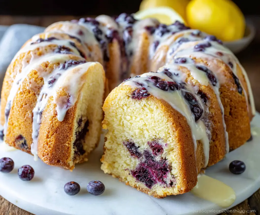 Delicious Lemon Blueberry Bundt Cake with fresh blueberries and zesty lemon glaze