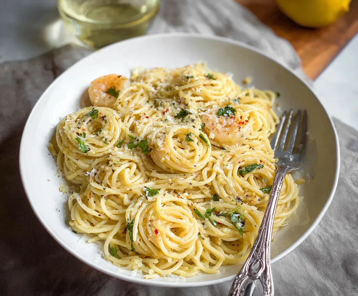 Delicious lemon butter garlic pasta served on a plate with fresh herbs and lemon wedges