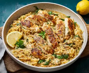 Delicious Lemon Chicken and Orzo pasta dish garnished with fresh herbs on a white plate