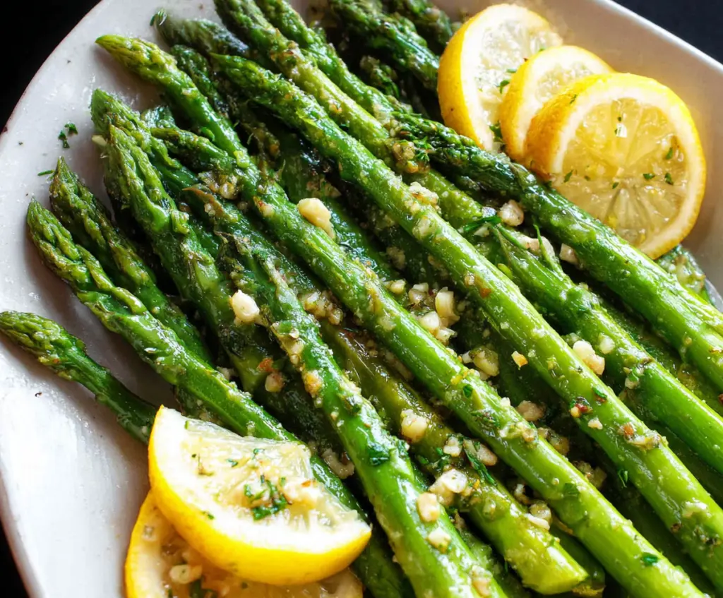 Fresh lemon garlic asparagus dish on a white plate with vibrant green asparagus and zesty lemon slices.