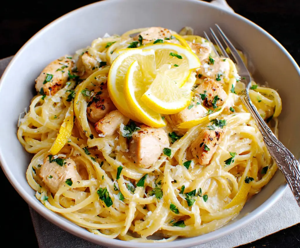 Delicious Lemon Garlic Chicken Pasta with fresh herbs on a plate