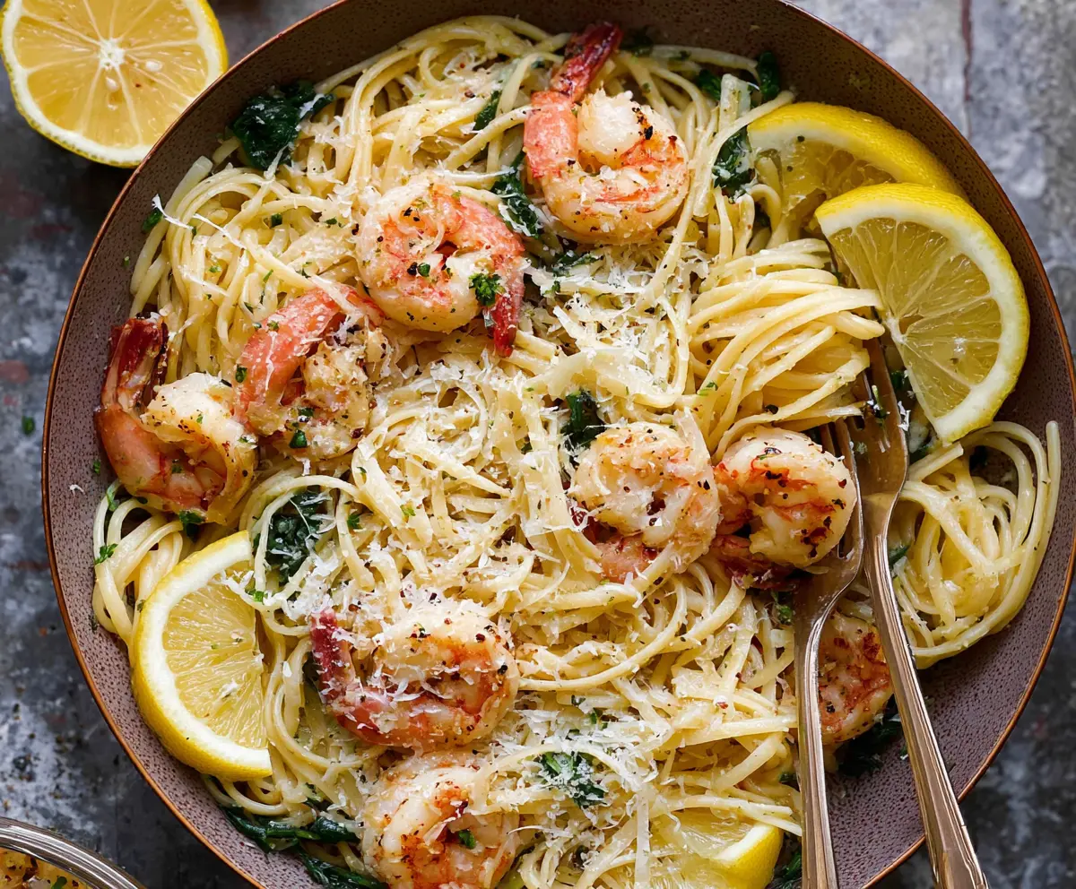 Delicious lemon garlic shrimp pasta served on a white plate with fresh herbs