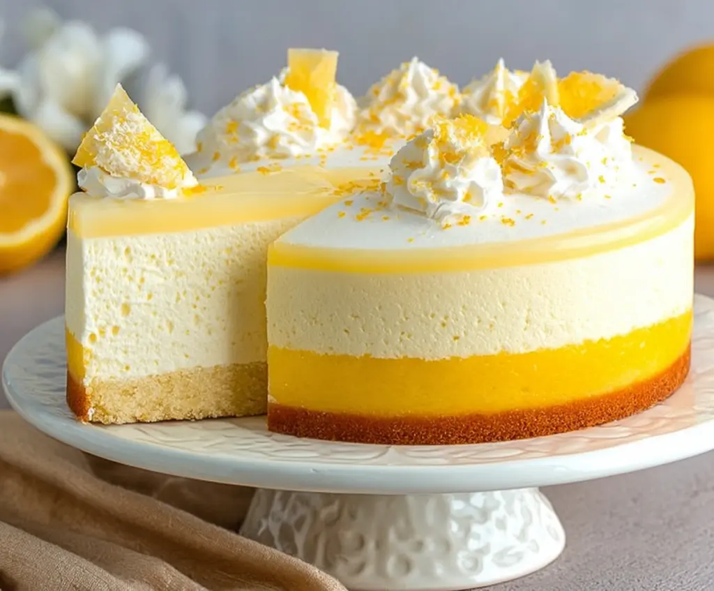 Delicious Lemon Mousse Cake with fluffy lemon cream and a light sponge base