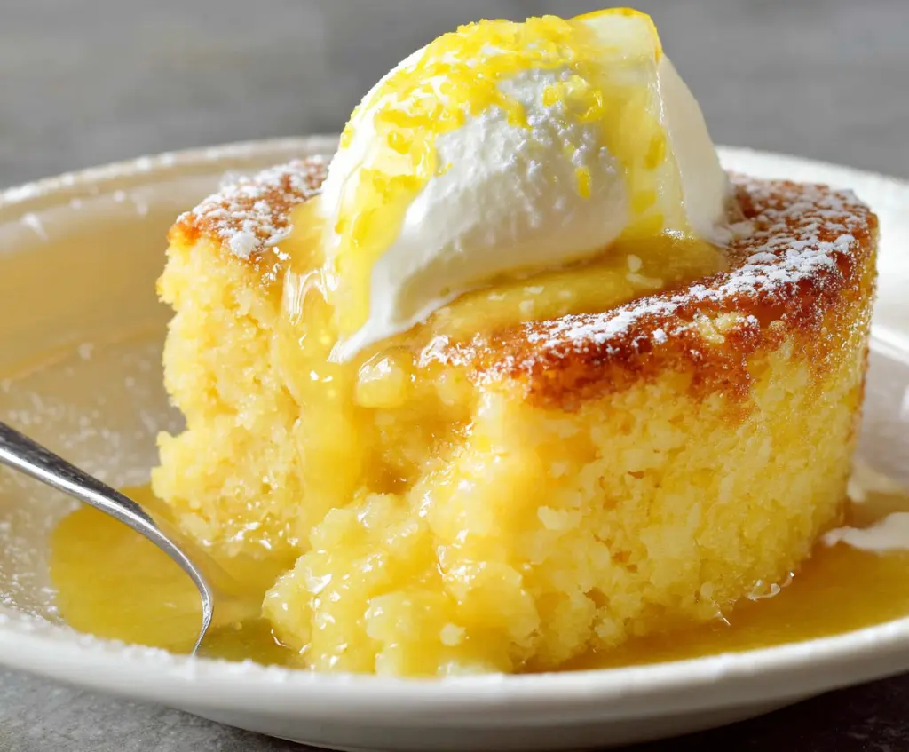 Delicious lemon pudding cake with a glossy lemon glaze and fluffy texture.