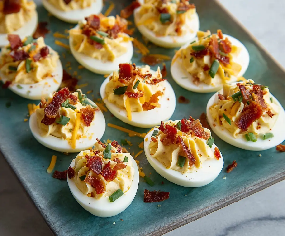 Loaded deviled eggs topped with bacon and chives for a flavorful appetizer.