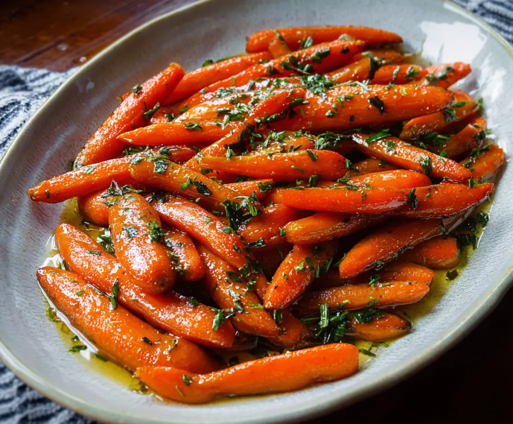 Delicious Maple Glazed Carrots recipe with vibrant orange carrots coated in sweet maple syrup, perfect for a healthy side dish.