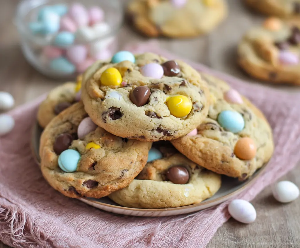 Delicious mini egg cookies with colorful chocolate candies and a chewy texture.
