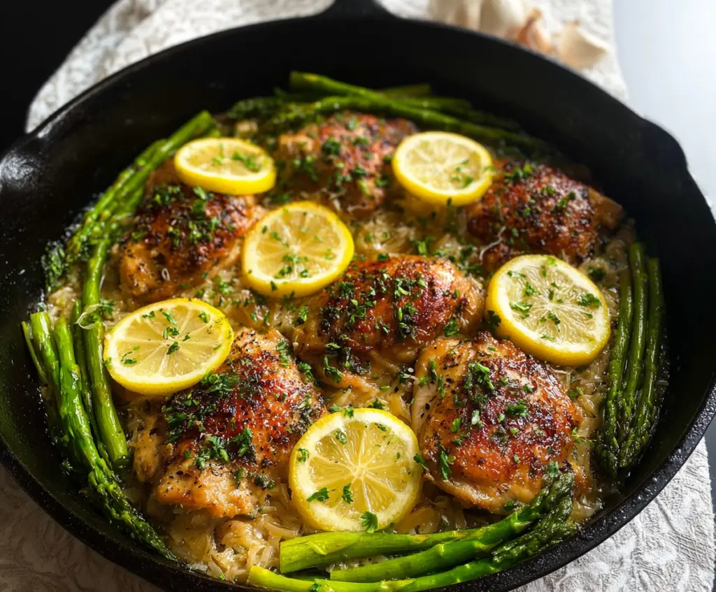 Delicious one pan lemon herb chicken with fresh asparagus on a white plate