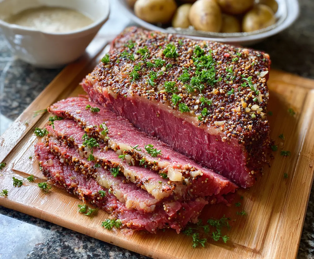 Oven roasted corned beef with crispy edges on a wooden cutting board