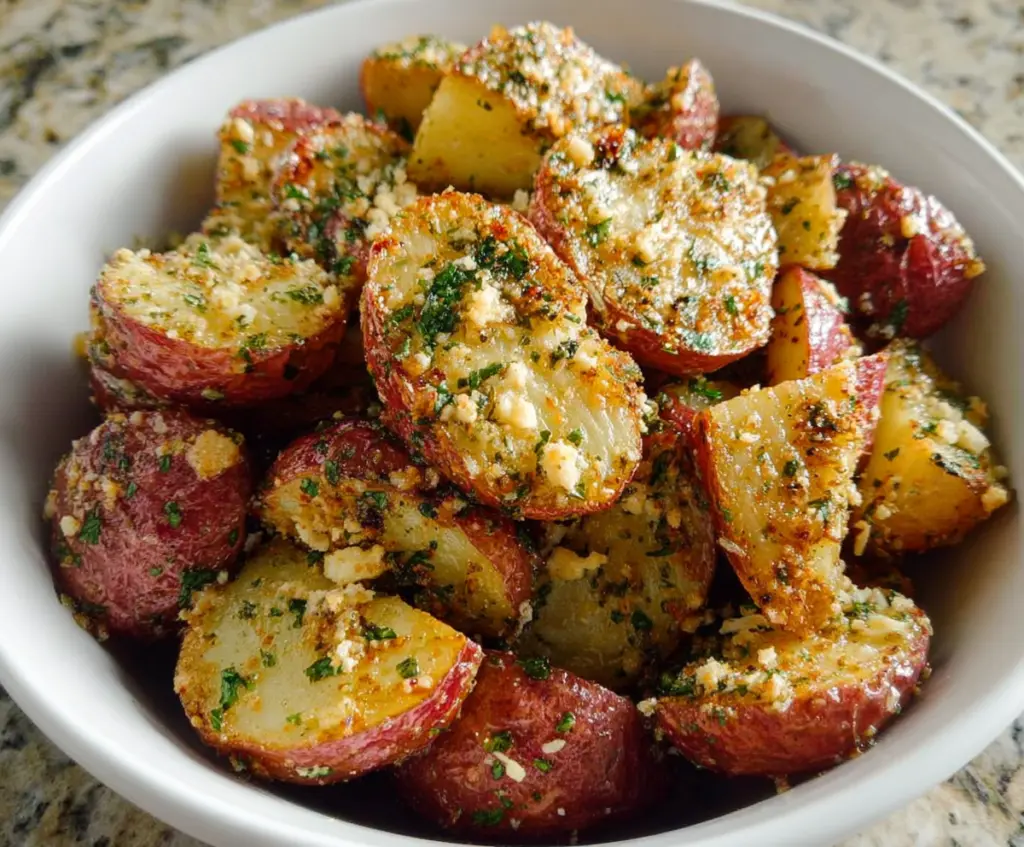 Delicious Parmesan garlic butter red potatoes served on a plate, garnished with herbs.
