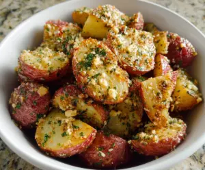 Delicious Parmesan garlic butter red potatoes served on a plate, garnished with herbs.