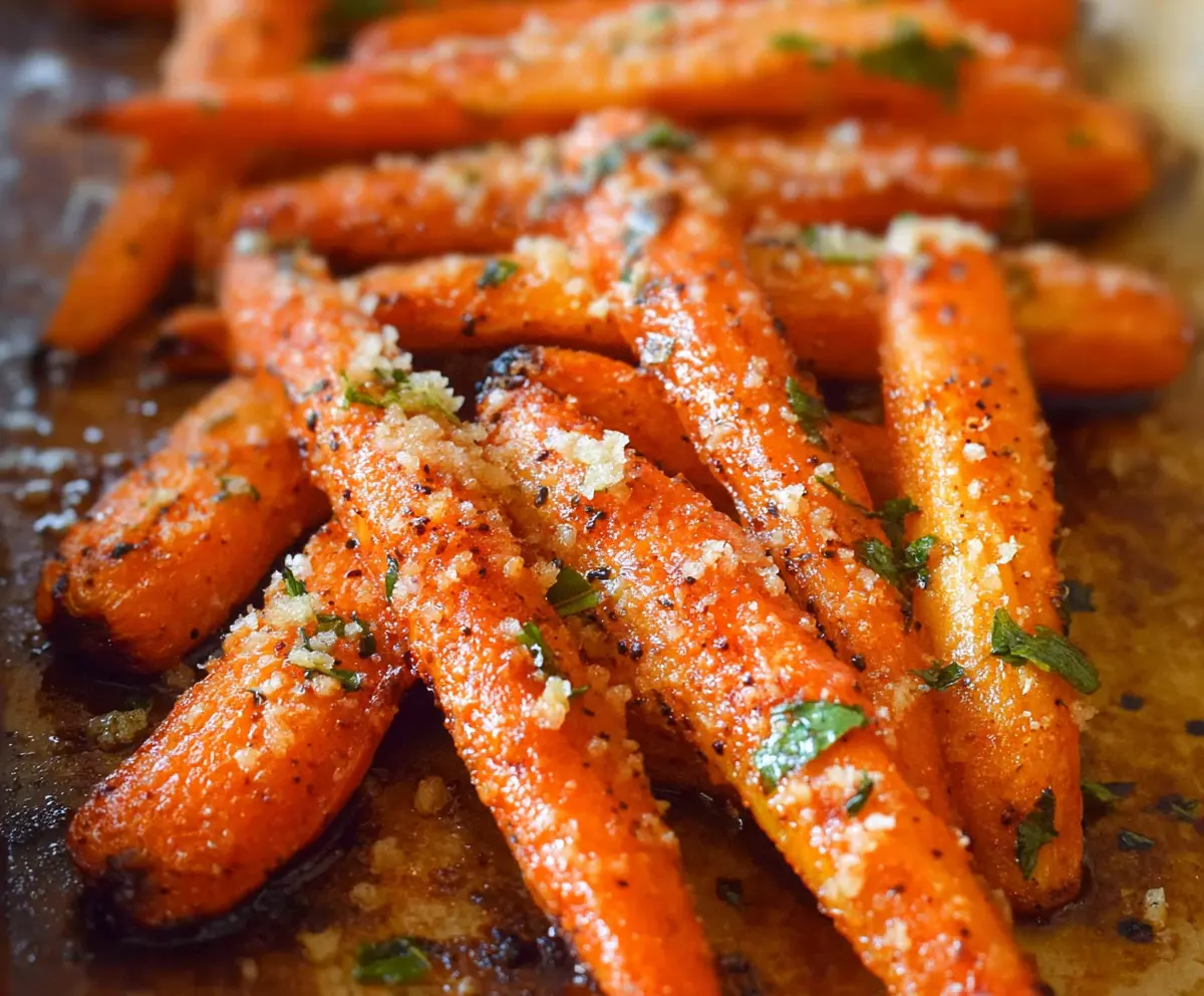 Baked Parmesan garlic roasted carrots garnished with fresh herbs for a flavorful side dish.