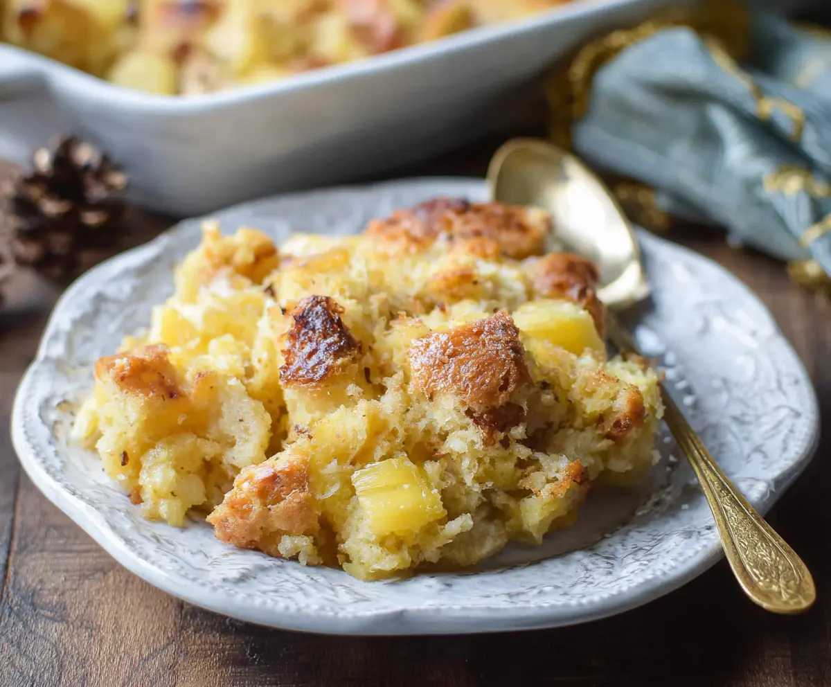 Delicious pineapple stuffing served in a bowl, perfect for holiday dinners and special occasions.