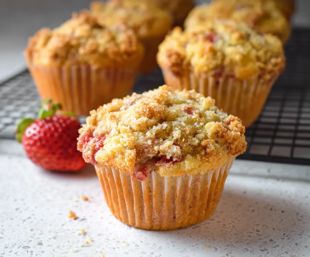 Homemade rhubarb strawberry muffins fresh from the oven, showcasing vibrant colors and fluffy texture.