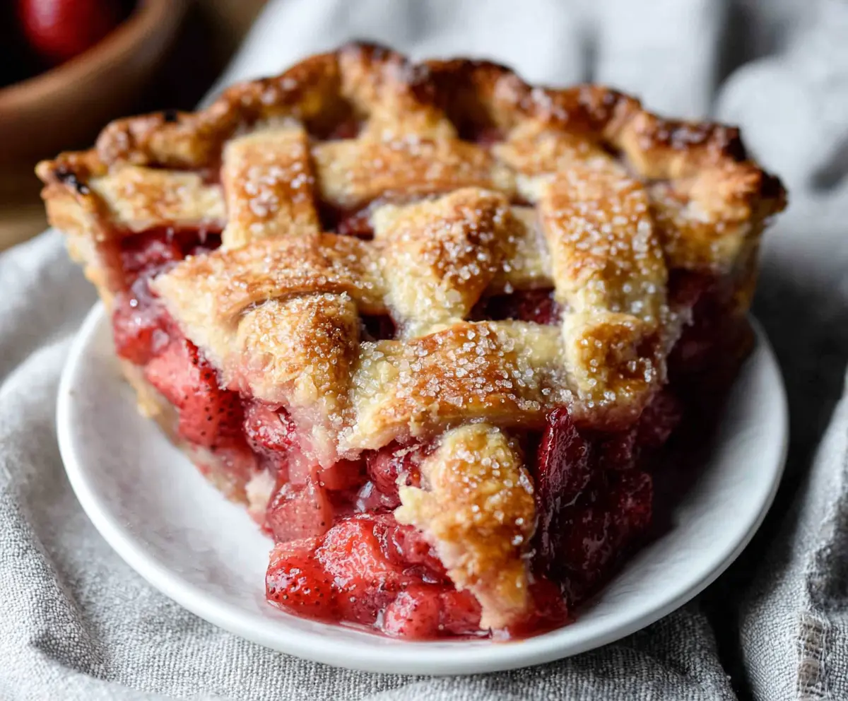 Delicious rhubarb strawberry pie with a golden crust and fresh fruit filling.